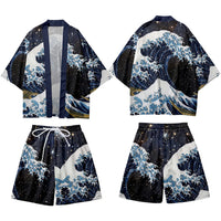 Ensemble kimono et short imprimé japonais, coloris Vagues nocturnes