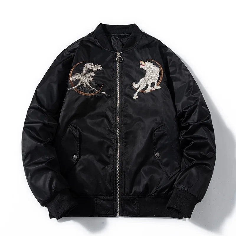 Blouson sukajan brodé loup et vagues
