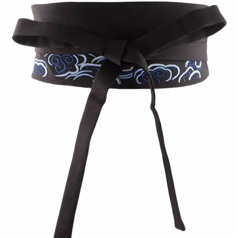Ceinture obi japonaise brodée nuages, coloris Noir Motifs Nuages