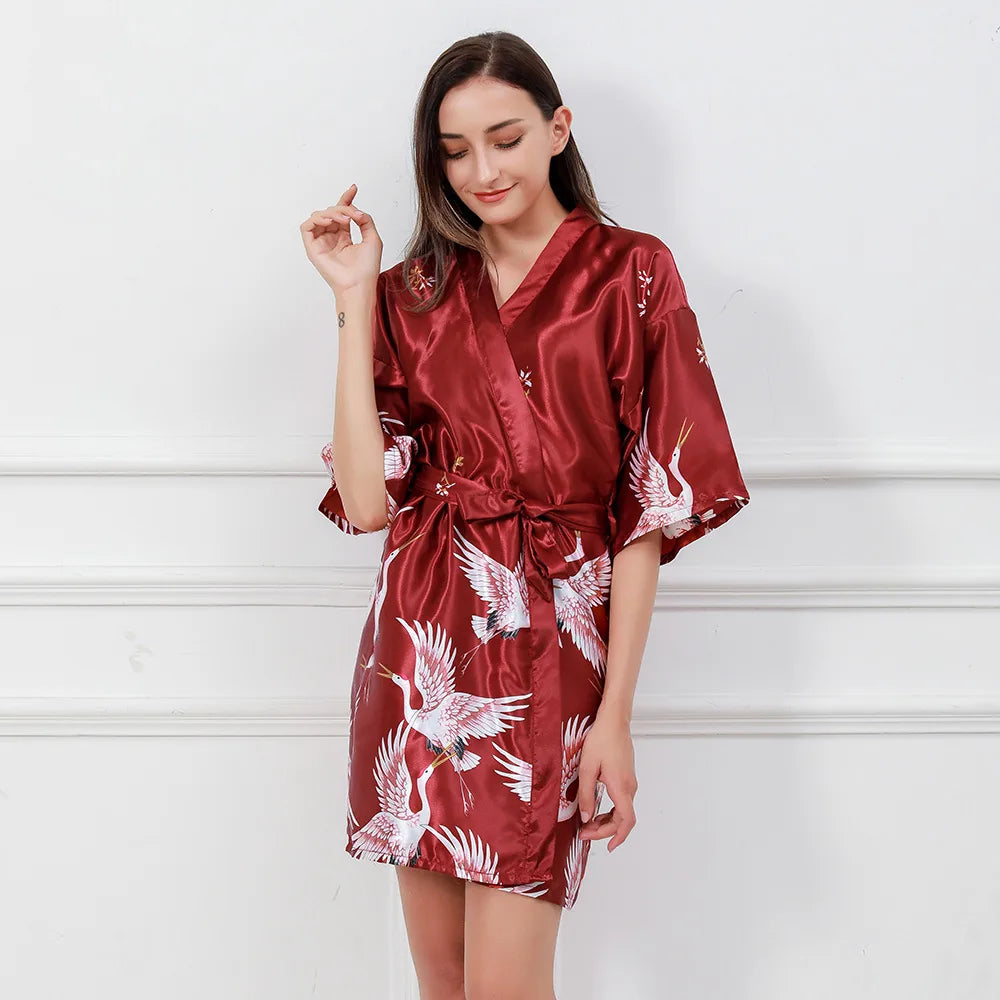 Peignoir Kimono Femme Satin Motif Grues
