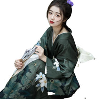 Kimono Long Vert Fleuri Japonais
