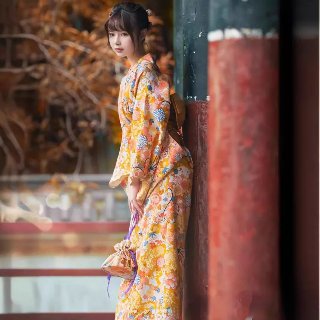 Kimono Japonais Femme Orange Floral