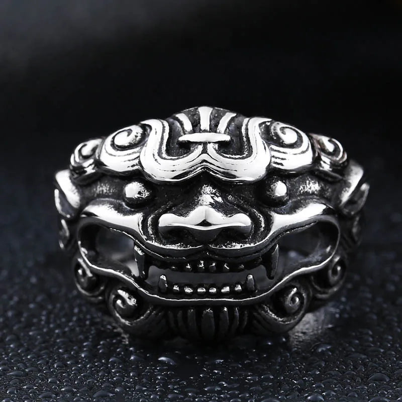 Bague homme lion gardien en acier