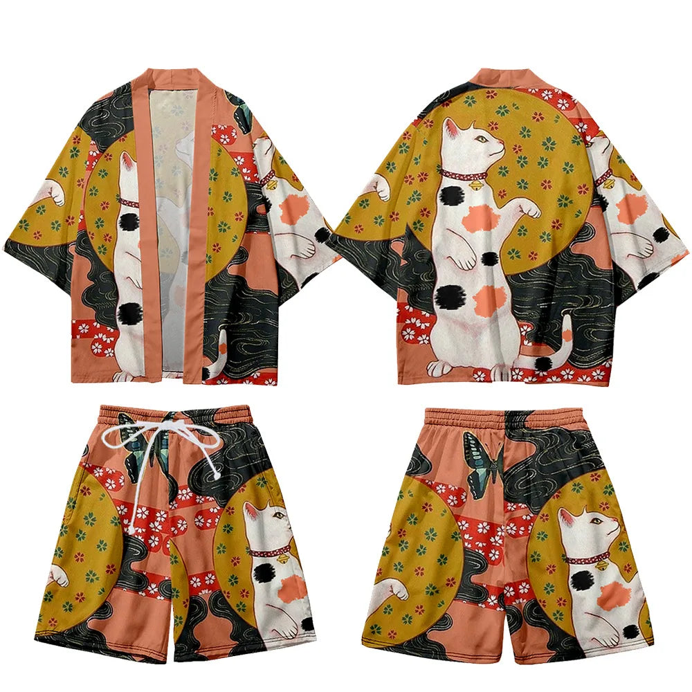 Ensemble kimono et short imprimé japonais, coloris Chat porte-bonheur