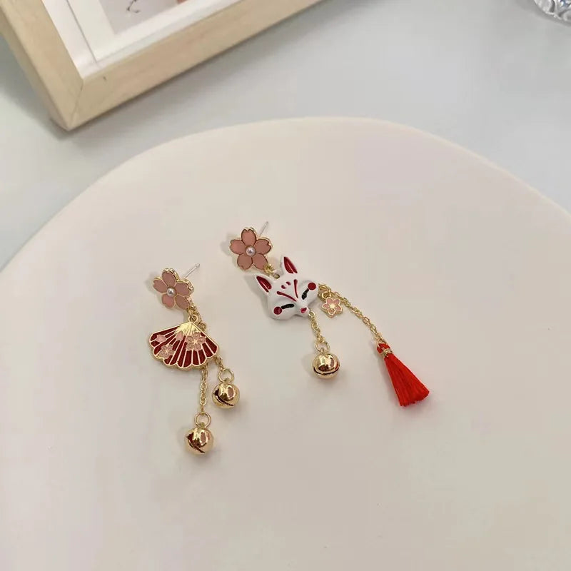 Boucles d'oreille japonaises renard et éventail