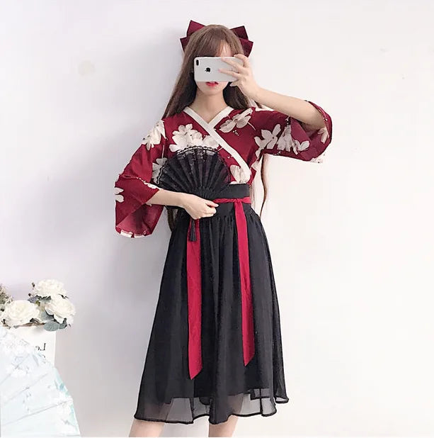 Robe Kimono Manches Larges Fleurie