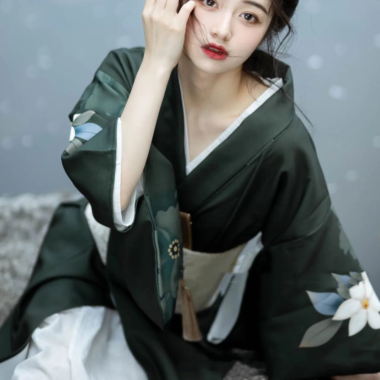 Kimono Long Vert Fleuri Japonais