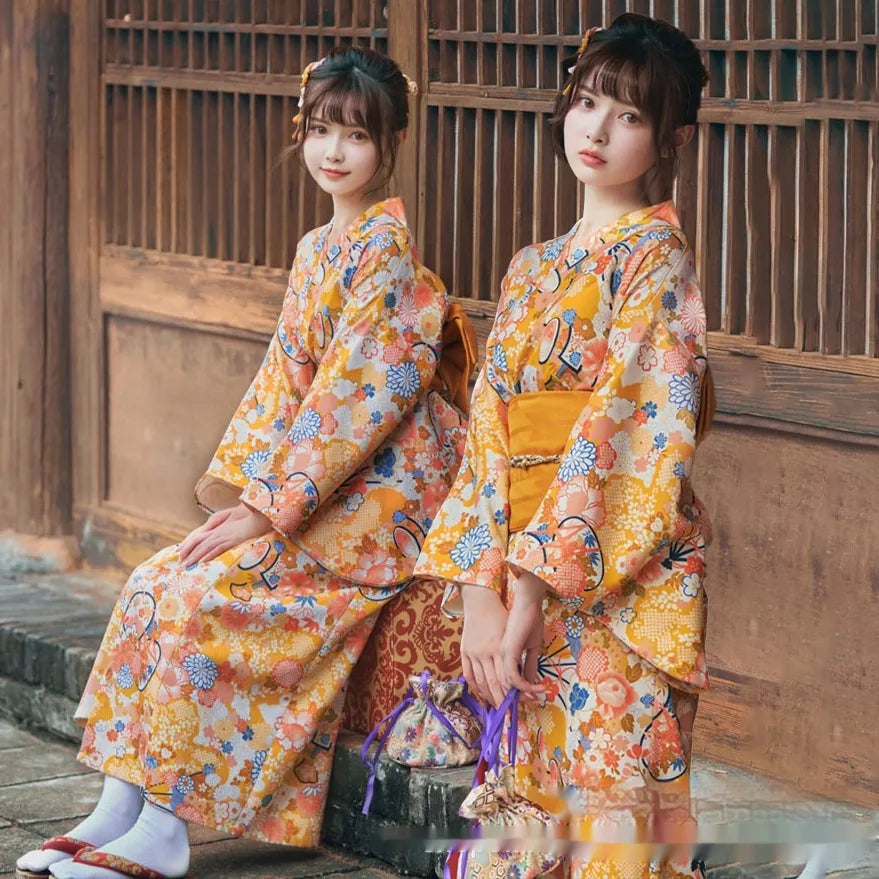 Kimono Japonais Femme Orange Floral