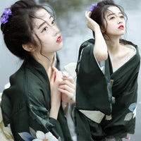 Kimono Long Vert Fleuri Japonais