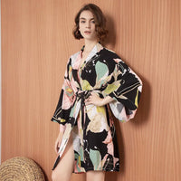 Peignoir Kimono Femme Élégant, coloris Noir Fleuri