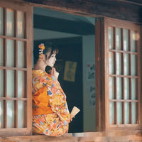 Kimono Japonais Femme Orange Floral