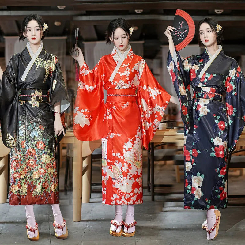 Robe kimono satinée ceinture obi