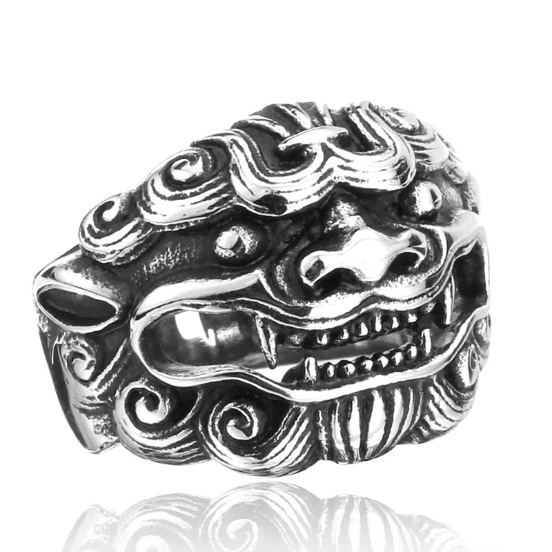 Bague homme lion gardien en acier
