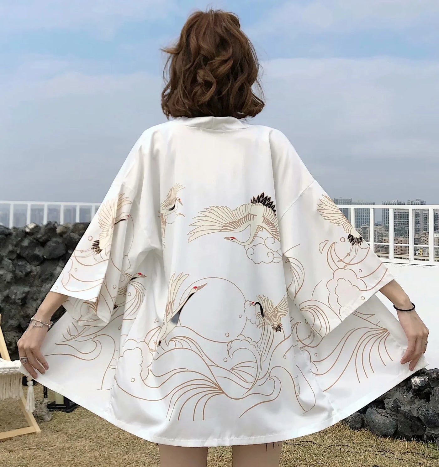 Veste kimono ample motifs grues