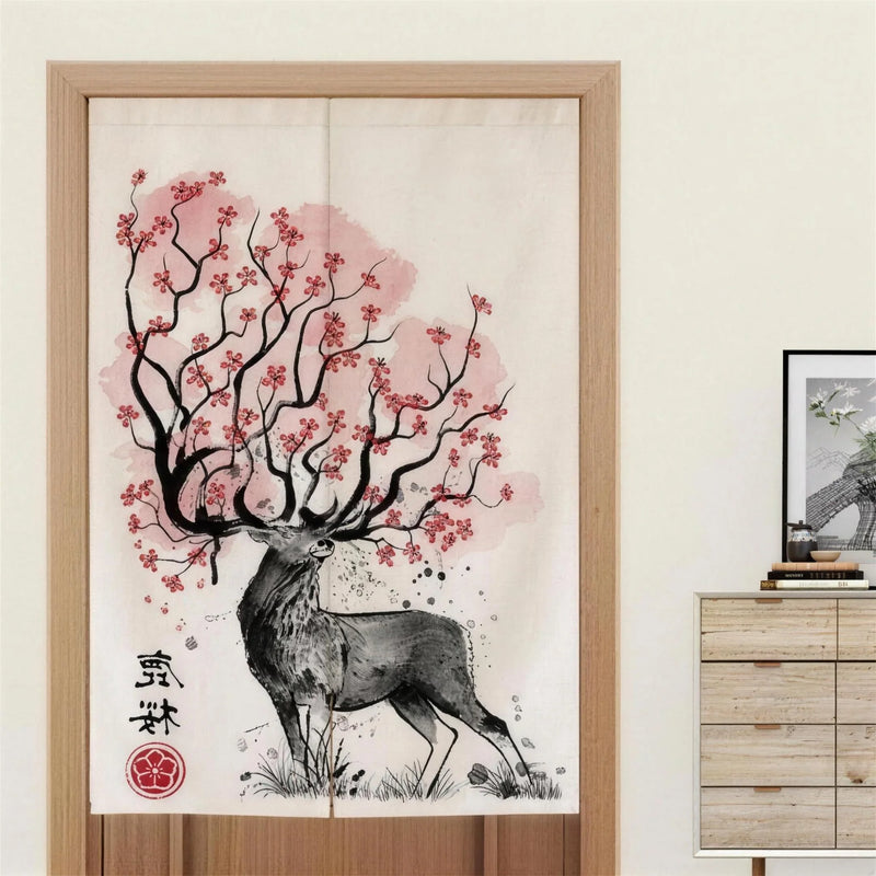 Noren japonais cerf fleurs de sakura