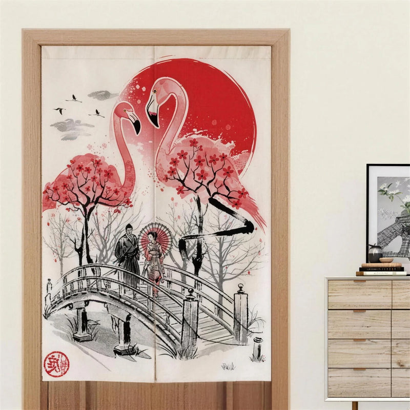 Noren rideau japonais pont aux flamants roses