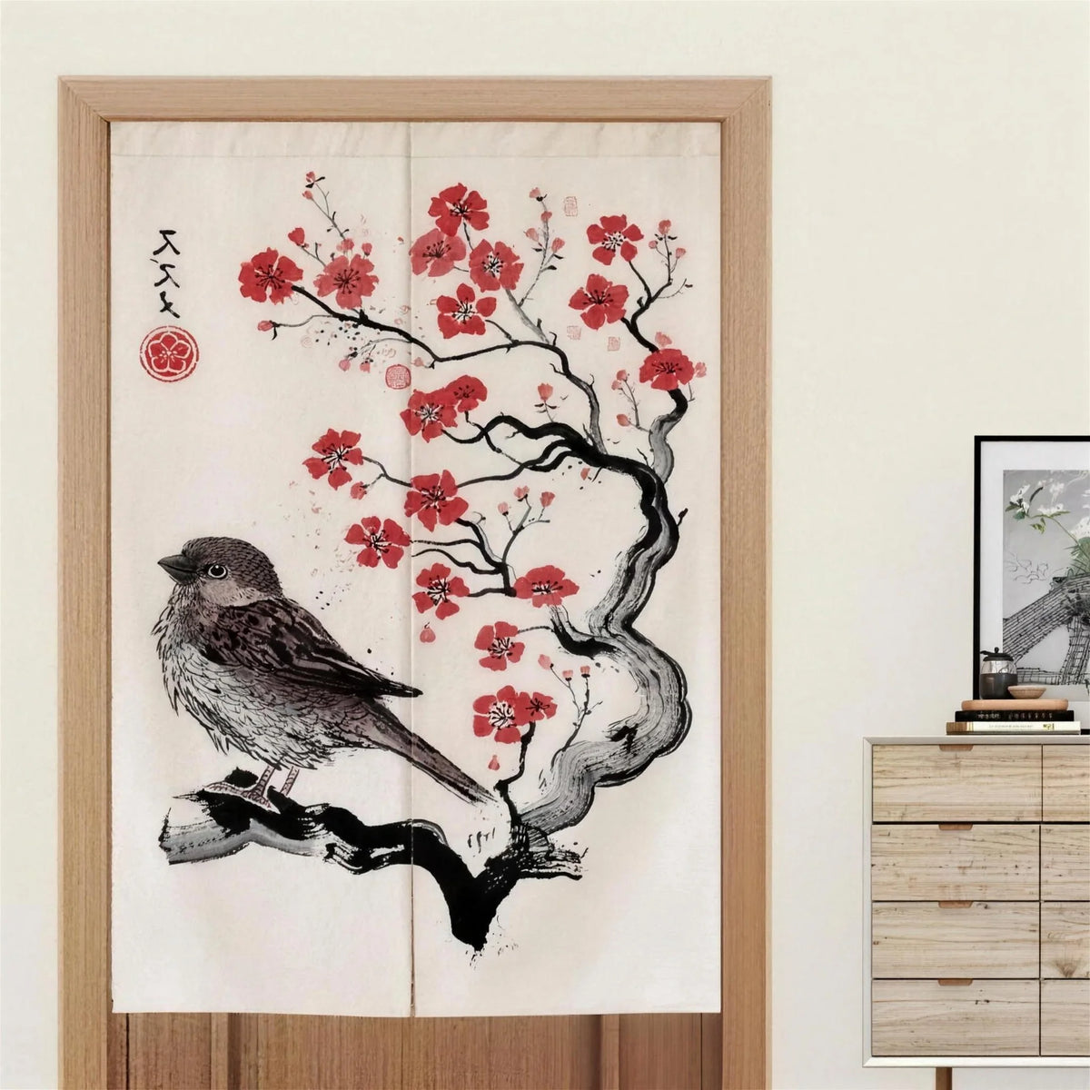 Noren japonais moineau et sakura