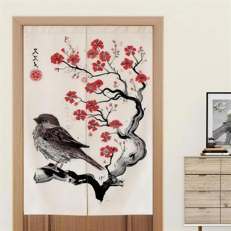 Noren japonais moineau et sakura