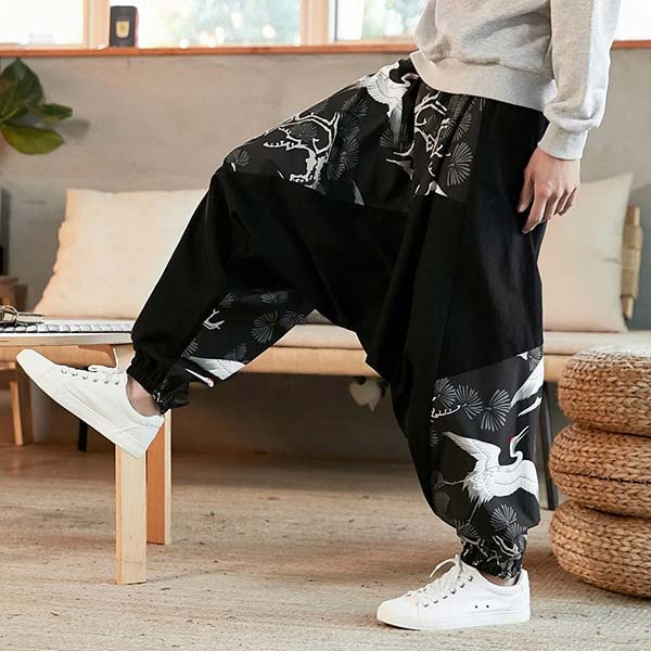 Pantalon style sarouel imprimé grues japonaises-0.jpg