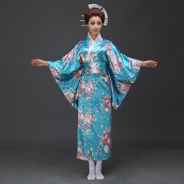 Kimono japonais floral bleu