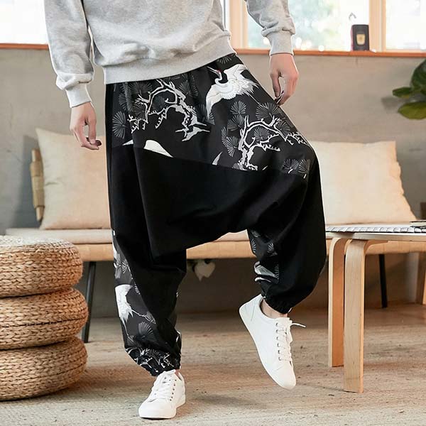 Pantalon style sarouel imprimé grues japonaises