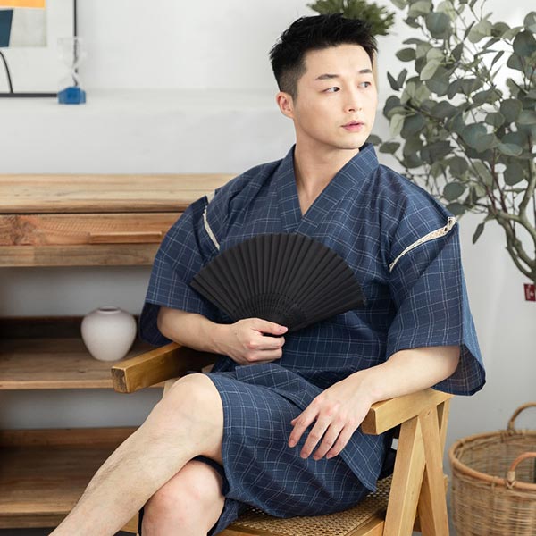 Jinbei japonais à carreaux bleu-1.jpg
