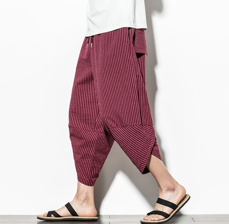 Pantalon japonais traditionnel rayé bordeau