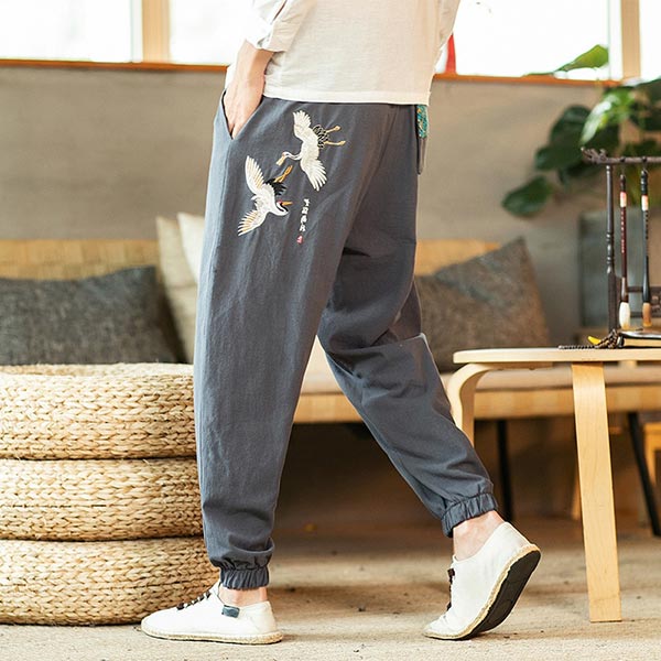 Pantalon style japonais motif grues japonaises-4.jpg