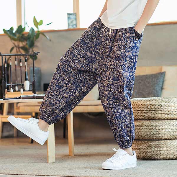 Pantalon japonais ample imprimé bleu