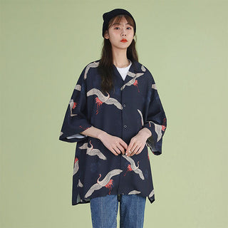 Chemise longue style kimono grues japonaises