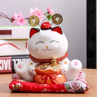 Tirelire Maneki Neko pièces porte bonheur et sac d'or