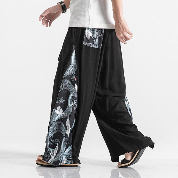 Pantalon très large motif grues japonaises