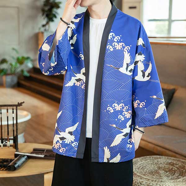 Veste Kimono Bleue Grue et Seigaiha