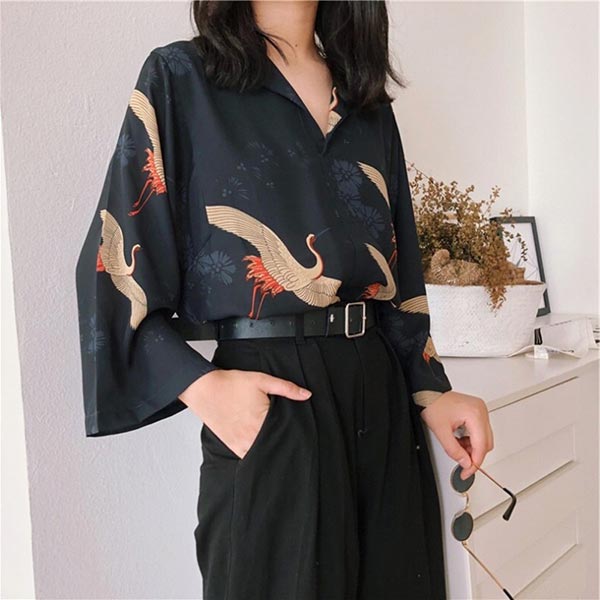 Chemise style Haori motif grues japonaises