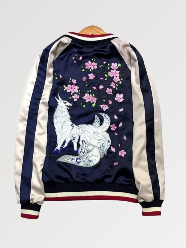 Bomber japonais motif Kitsune blanc