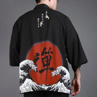 Veste Kimono Noire Soleil Rouge & Vagues