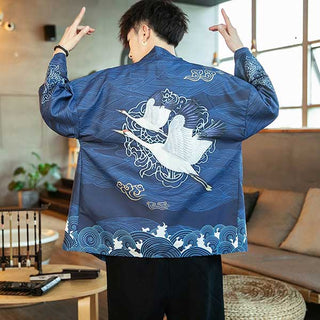 Veste Kimono Homme Bleue Grues