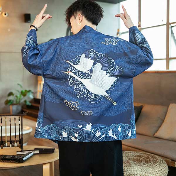 Veste Kimono Homme Bleue Grues