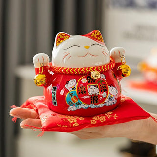 Chat Maneki Neko rouge en porcelaine