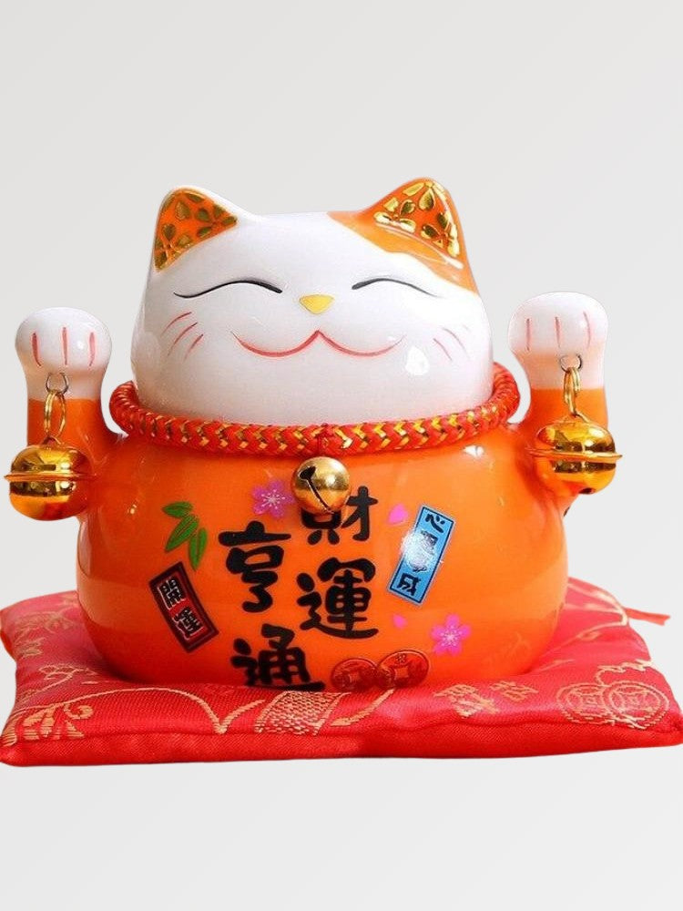 Chat Maneki Neko clochettes Orange