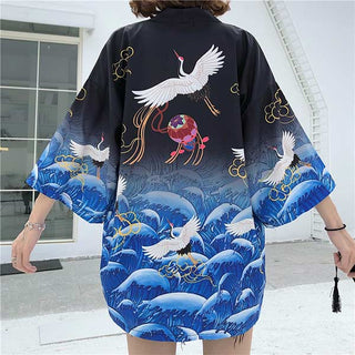 Veste Haori japonais motif grues sur l'océan