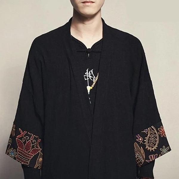 Veste Longue Kimono Noir Motifs Nature-4.jpg