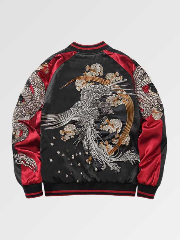 Bomber bicolore rouge style Sukajan japonais motif phoenix