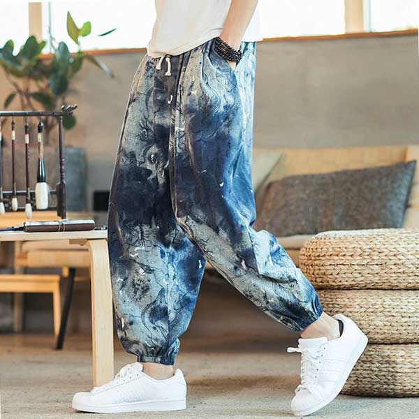 Pantalon japonais pour homme style Tie & dye bleu