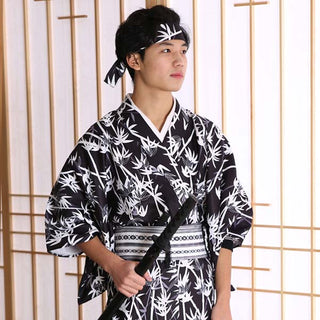 Kimono Japonais Noir Motifs Bamboo