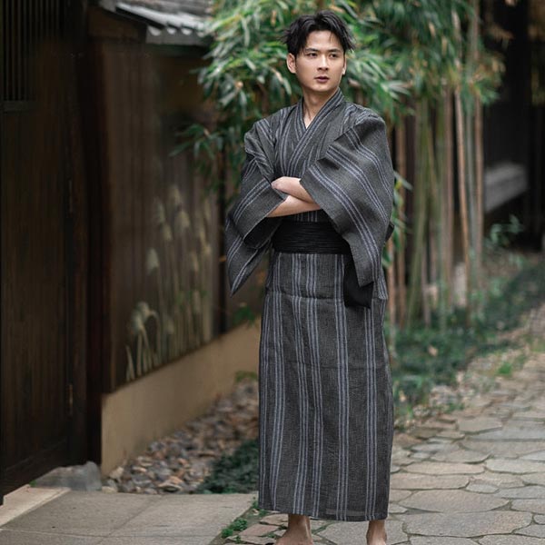 Yukata Kimono Homme Gris Rayé