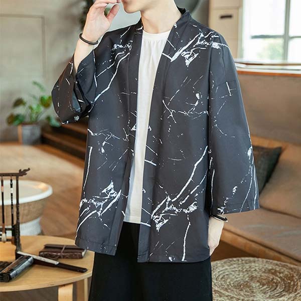 Veste Kimono Noire Imprimés Fissures