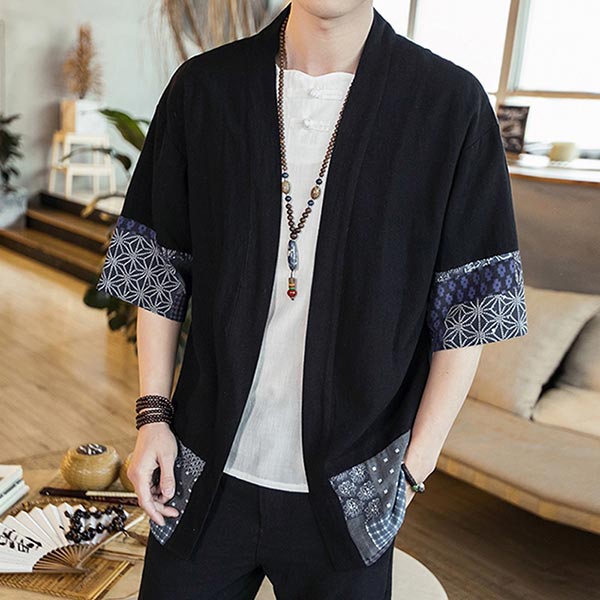 Veste Kimono Motifs Abstraits Bleutés
