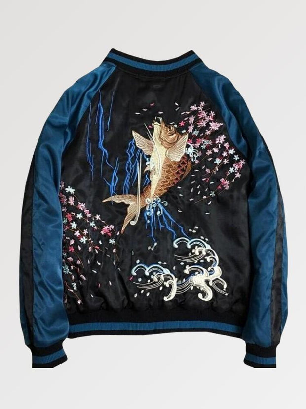 Veste Sukajan bicolore bleu broderie Carpe Koï