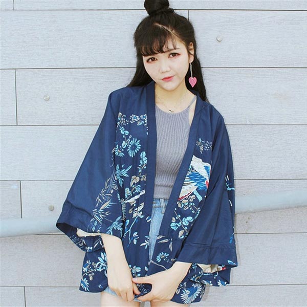 Veste de Kimono légers motifs japonais bleus